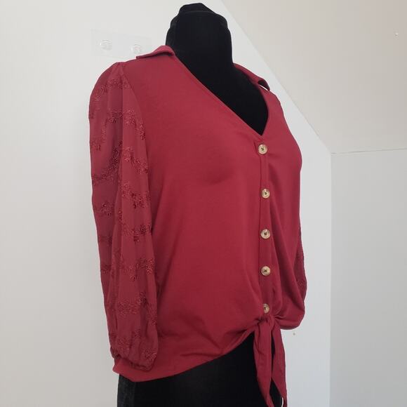 Vanessa Virginia by Anthro Lenora Waist Knot Tie Cranberry Jersey Knit Top Small - Picture 3 of 10